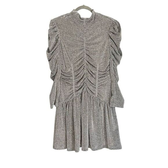 Rebecca Taylor Silver Mock Neck Mini Dress Ruched NWT Small - Picture 2 of 7